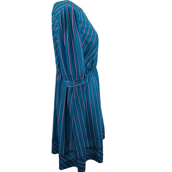 Vntg Jen Jen New York 70s Secretary Dress Teal Purple Pinstripes Puff sleeve M - Picture 3 of 13